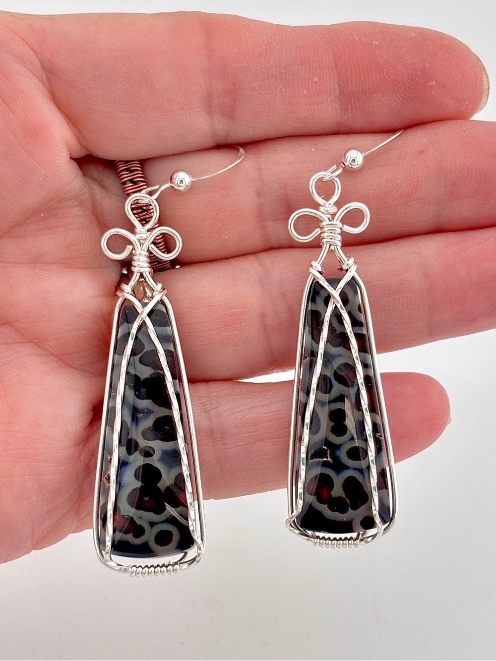 HANDMADE Tube Agate Silver Filled Wire Wrapped Dangle Earrings, Artisan Jewelry